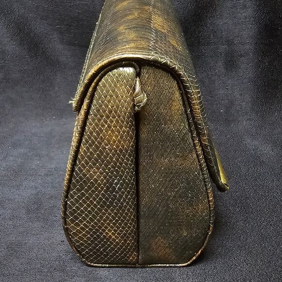 Vintage Ande Brown / Gold Faux Snakeskin & Gold Trim Crossbody Purse Magnetic - Picture 4 of 13